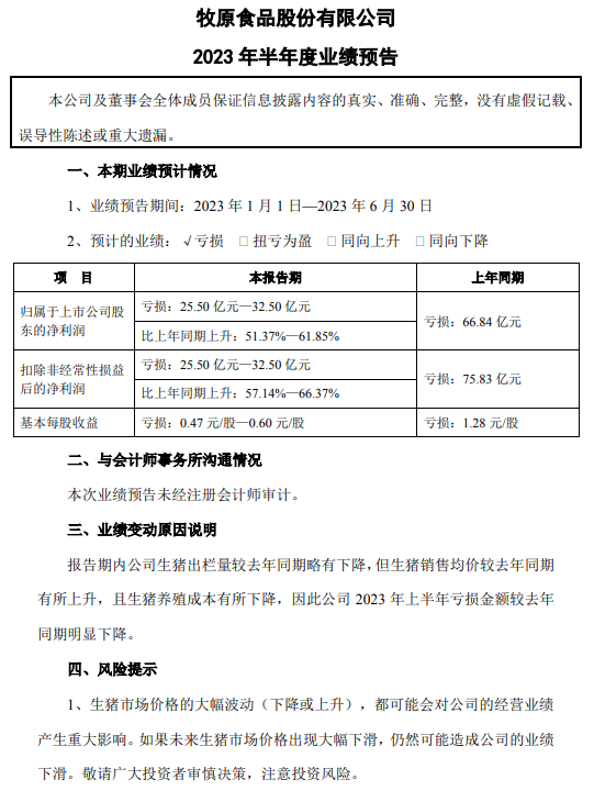 牧原股份：上半年净利预亏25.5亿元-32.5亿元